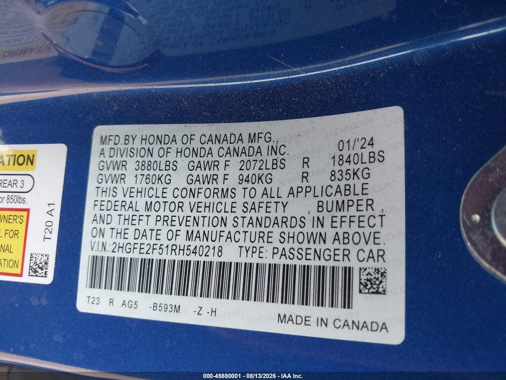 2HGFE2F51RH540218 2024 HONDA CIVIC photo no. 9