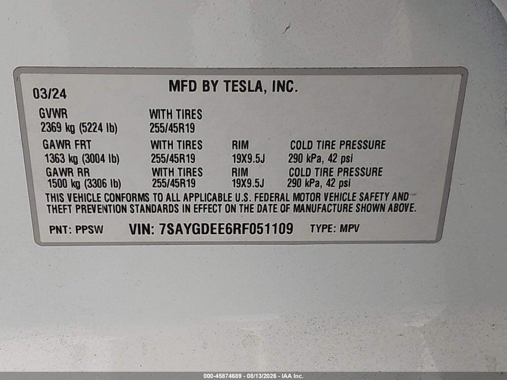 7SAYGDEE6RF051109 2024 TESLA MODEL Y photo no. 9