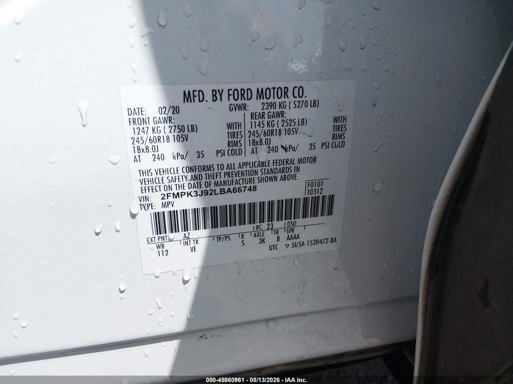 2FMPK3J92LBA66748 2020 FORD EDGE photo no. 9
