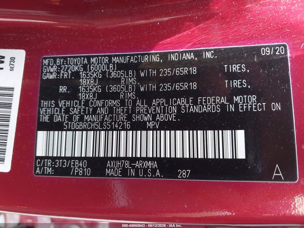 5TDGBRCH5LS514216 2020 TOYOTA HIGHLANDER photo no. 9