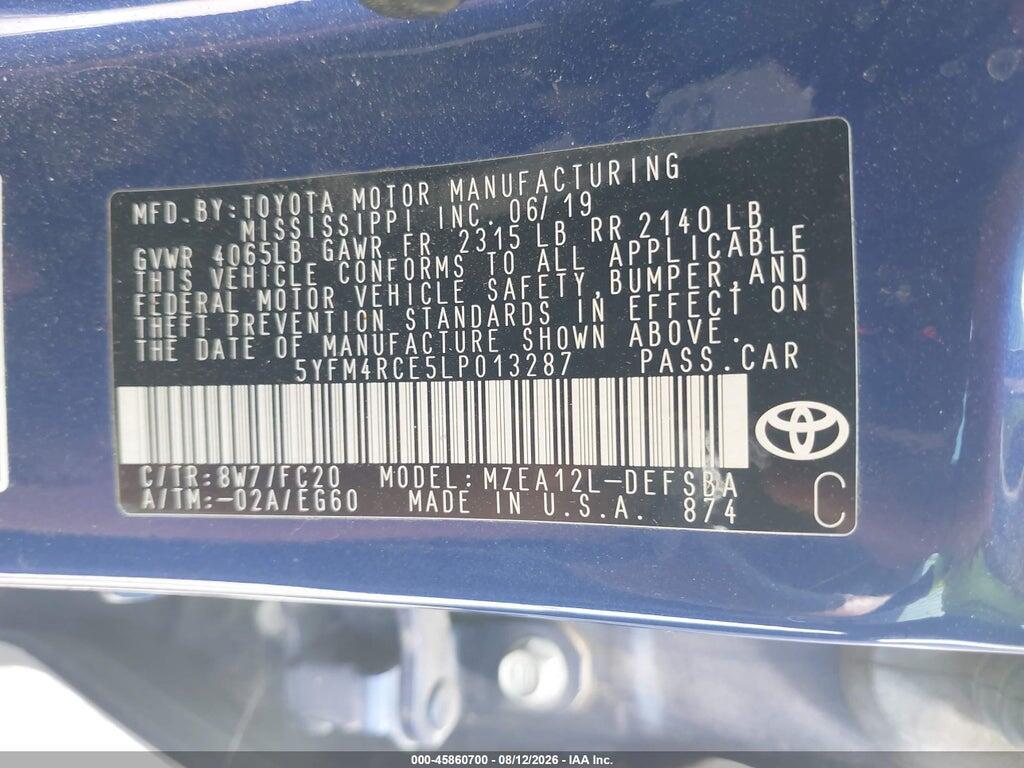 5YFM4RCE5LP013287 2020 TOYOTA COROLLA photo no. 9