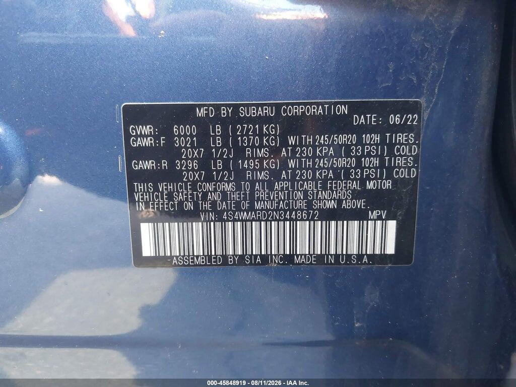 4S4WMARD2N3448672 2022 SUBARU ASCENT photo no. 9