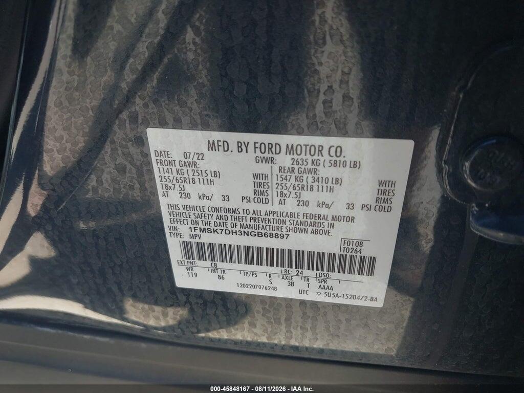 1FMSK7DH3NGB68897 2022 FORD EXPLORER photo no. 9