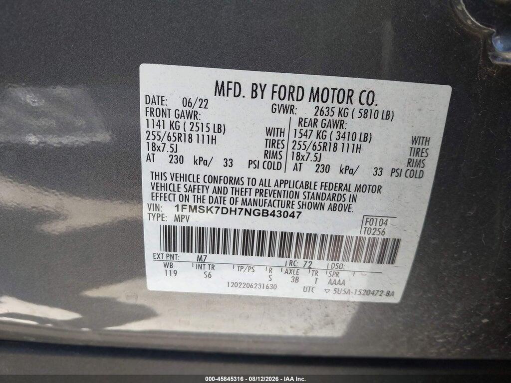 1FMSK7DH7NGB43047 2022 FORD EXPLORER photo no. 9