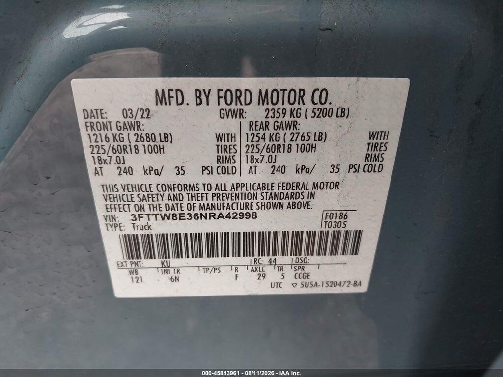 3FTTW8E36NRA42998 2022 FORD MAVERICK photo no. 9