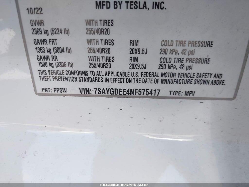 7SAYGDEE4NF575417 2022 TESLA MODEL Y photo no. 9