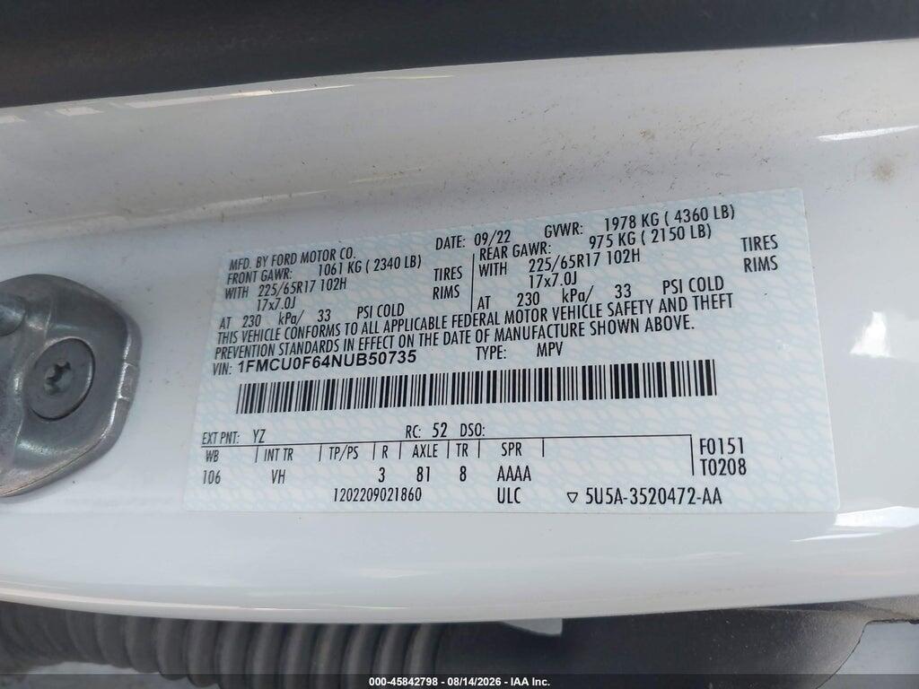 1FMCU0F64NUB50735 2022 FORD ESCAPE photo no. 9