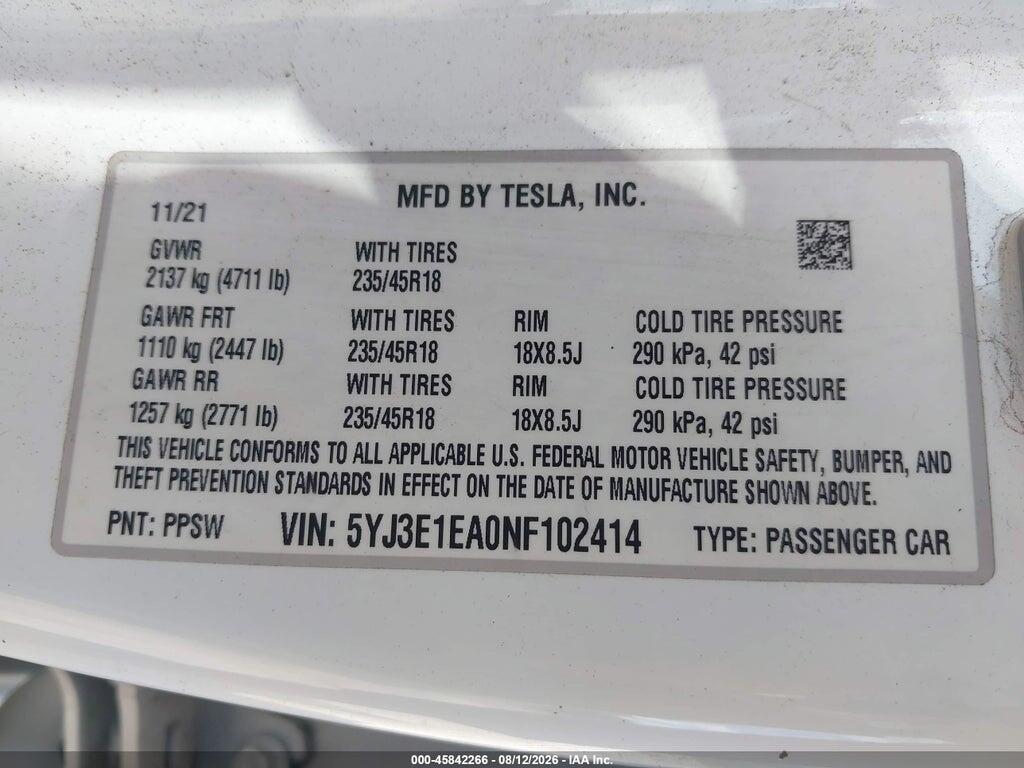 5YJ3E1EA0NF102414 2022 TESLA MODEL 3 photo no. 9