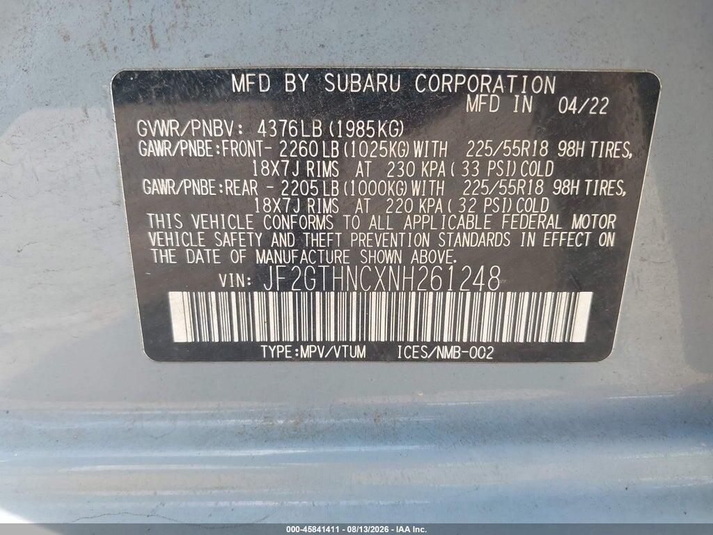 JF2GTHNCXNH261248 2022 SUBARU CROSSTREK photo no. 9