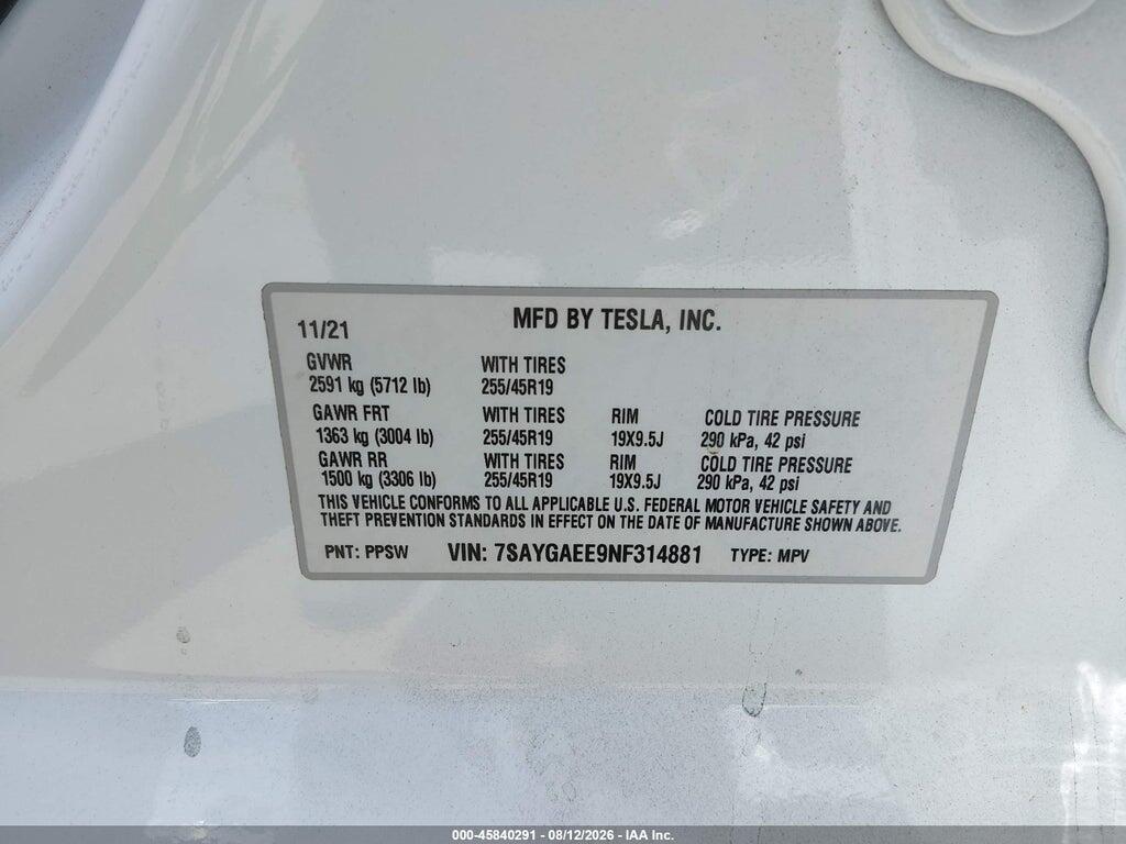 7SAYGAEE9NF314881 2022 TESLA MODEL Y photo no. 9