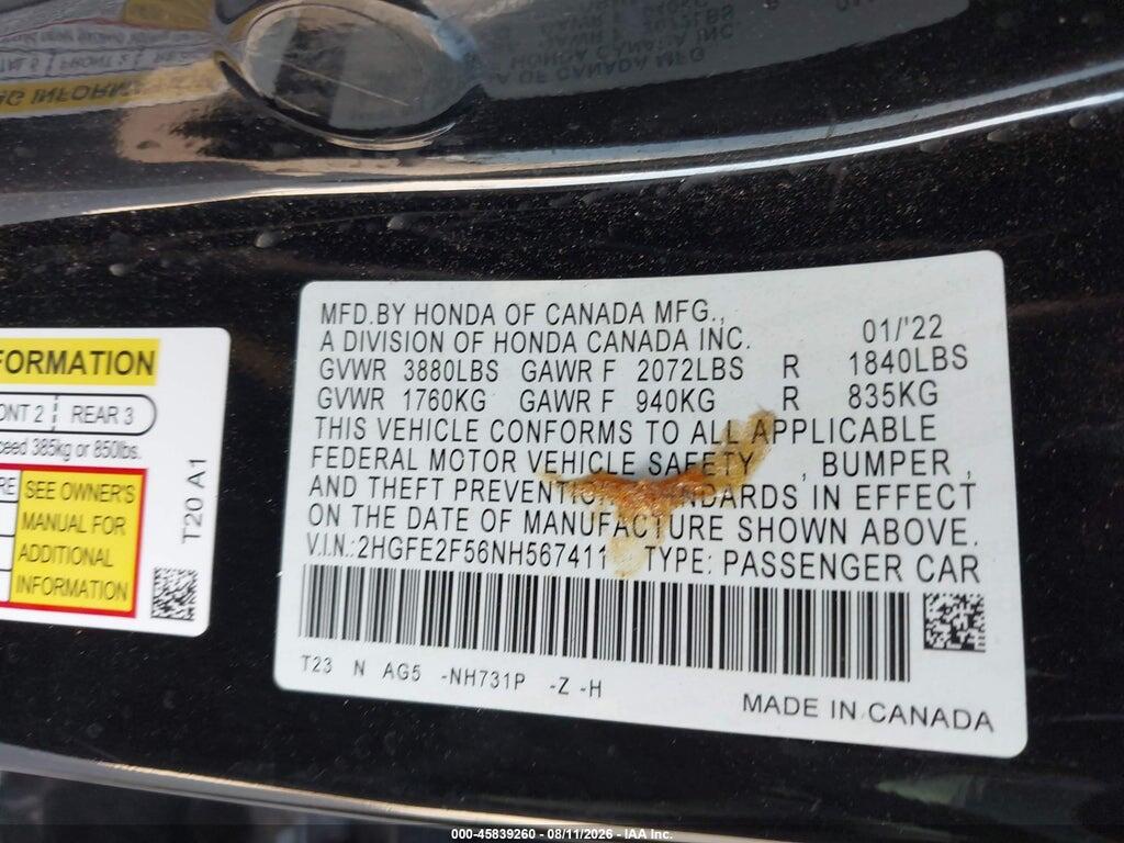 2HGFE2F56NH567411 2022 HONDA CIVIC photo no. 9