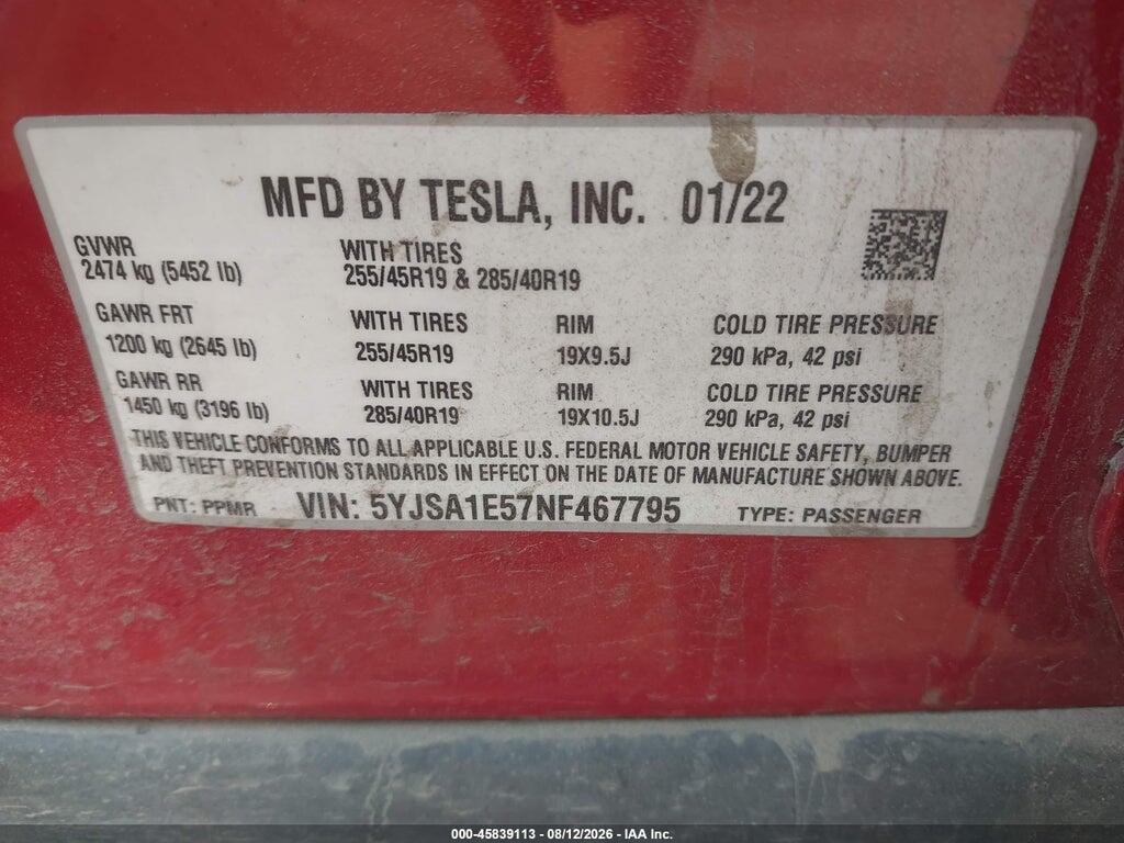 5YJSA1E57NF467795 2022 TESLA MODEL S photo no. 9
