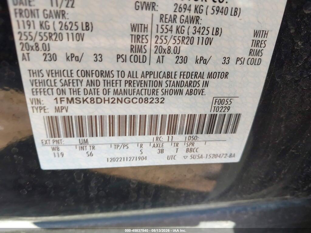 1FMSK8DH2NGC08232 2022 FORD EXPLORER photo no. 9