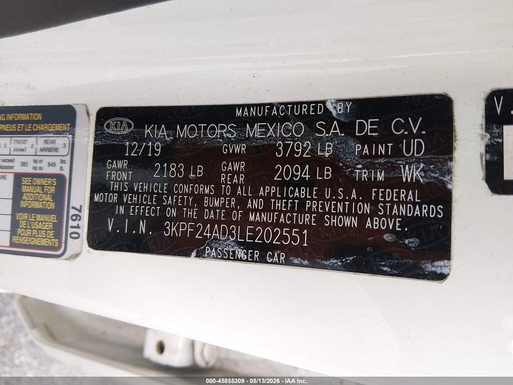 3KPF24AD3LE202551 2020 KIA FORTE photo no. 9