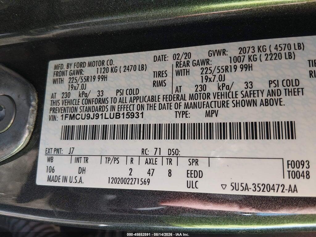 1FMCU9J91LUB15931 2020 FORD ESCAPE photo no. 9