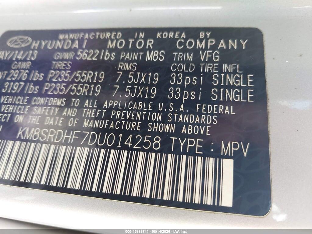 KM8SRDHF7DU014258 2013 HYUNDAI SANTA FE photo no. 9