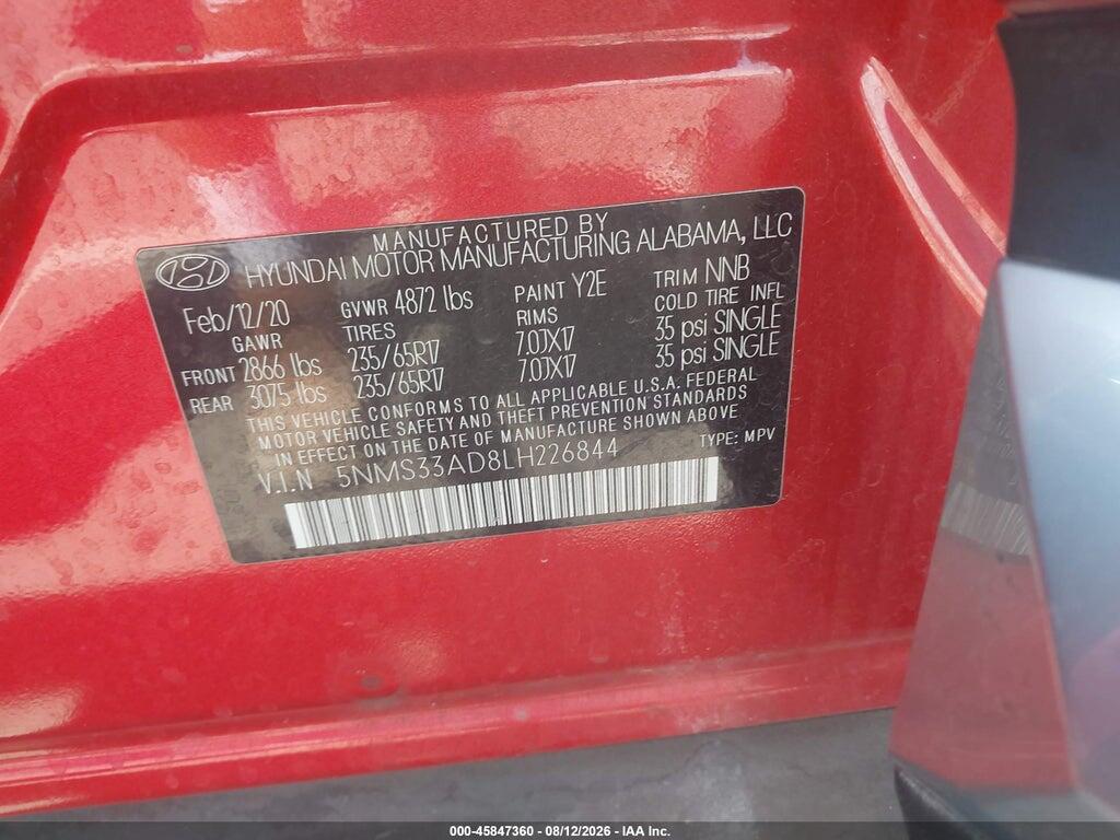 5NMS33AD8LH226844 2020 HYUNDAI SANTA FE photo no. 9