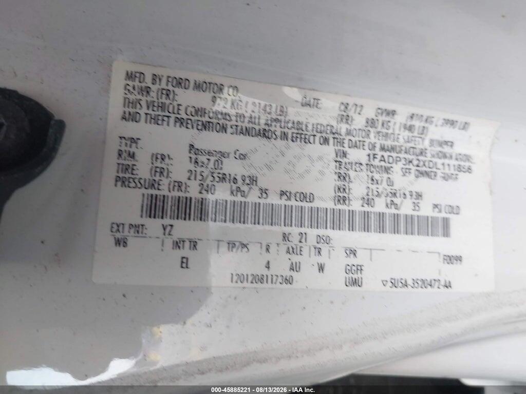 1FADP3K2XDL111856 2013 FORD FOCUS photo no. 9