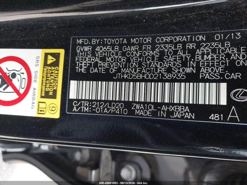 JTHKD5BH0D2138935 2013 LEXUS CT 200H photo no. 9