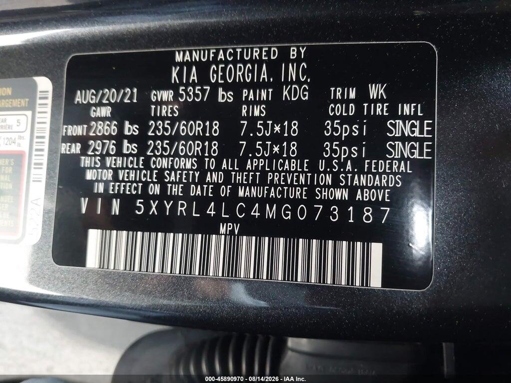 5XYRL4LC4MG073187 2021 KIA SORENTO photo no. 9