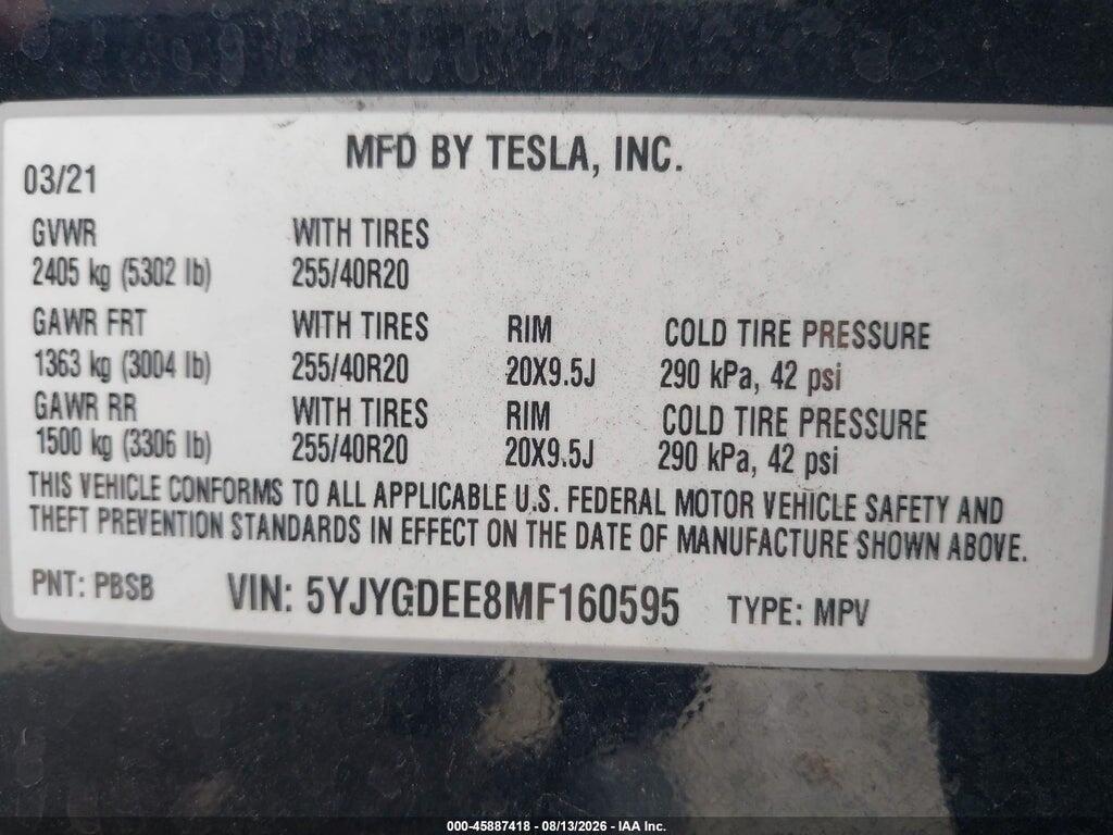 5YJYGDEE8MF160595 2021 TESLA MODEL Y photo no. 9