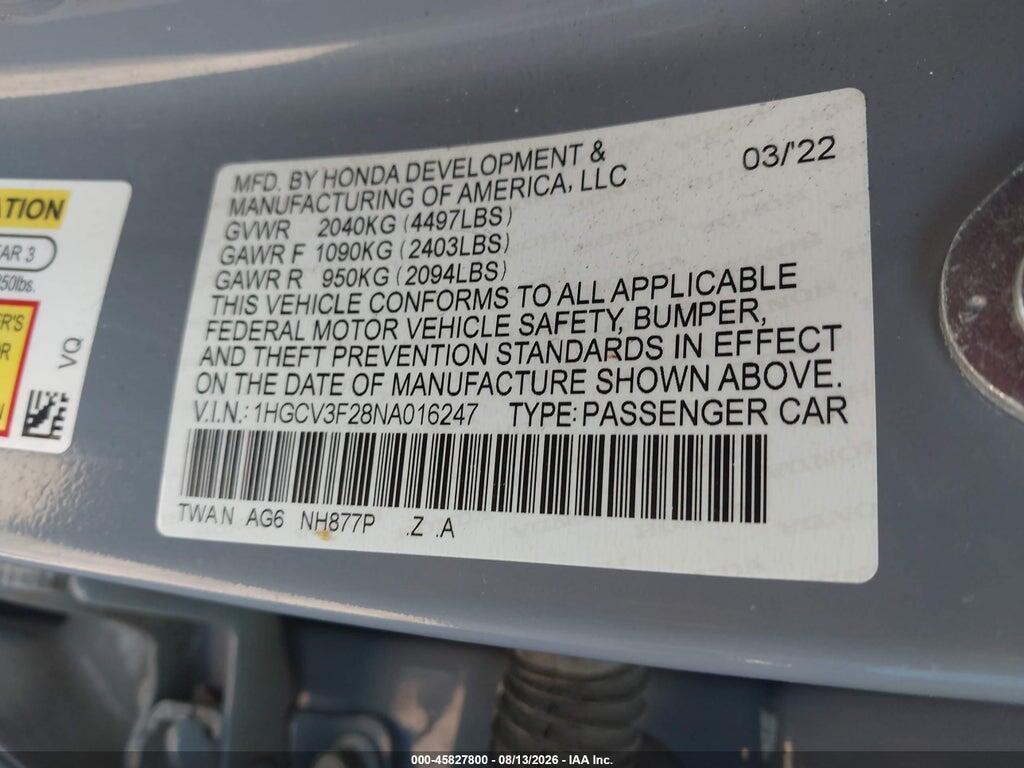1HGCV3F28NA016247 2022 HONDA ACCORD HYBRID photo no. 9