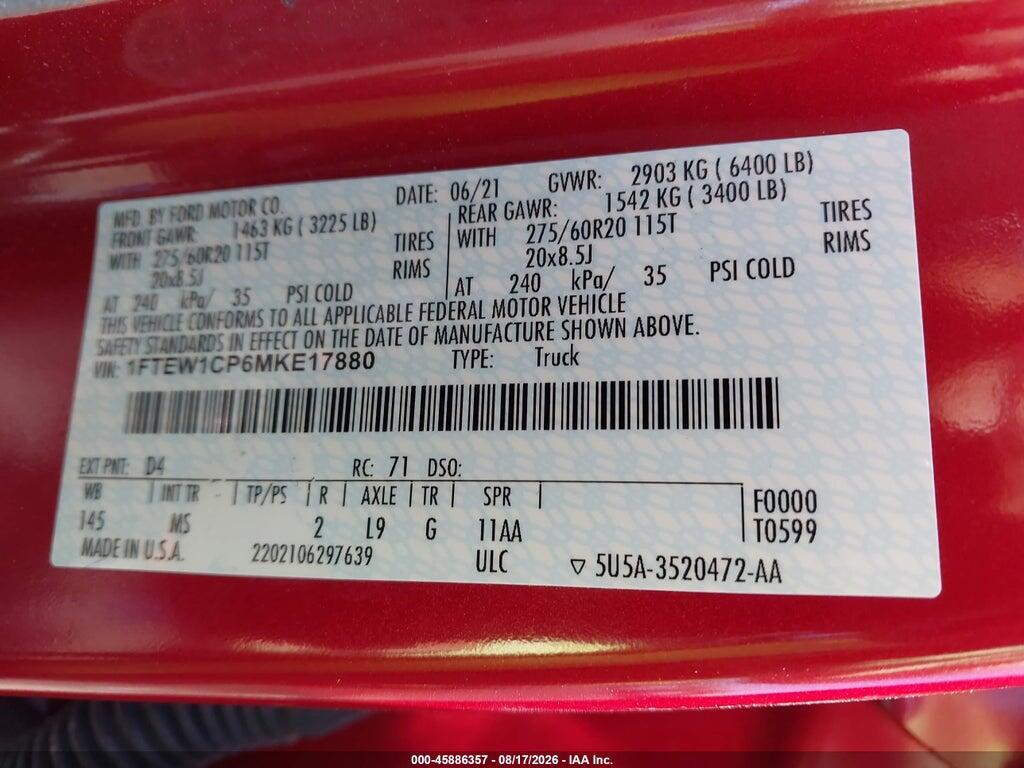 1FTEW1CP6MKE17880 2021 FORD F-150 photo no. 9