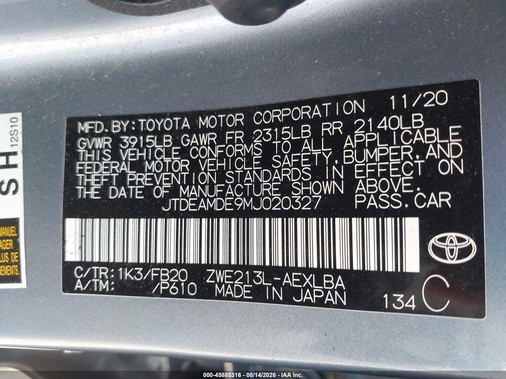 JTDEAMDE9MJ020327 2021 TOYOTA COROLLA photo no. 9