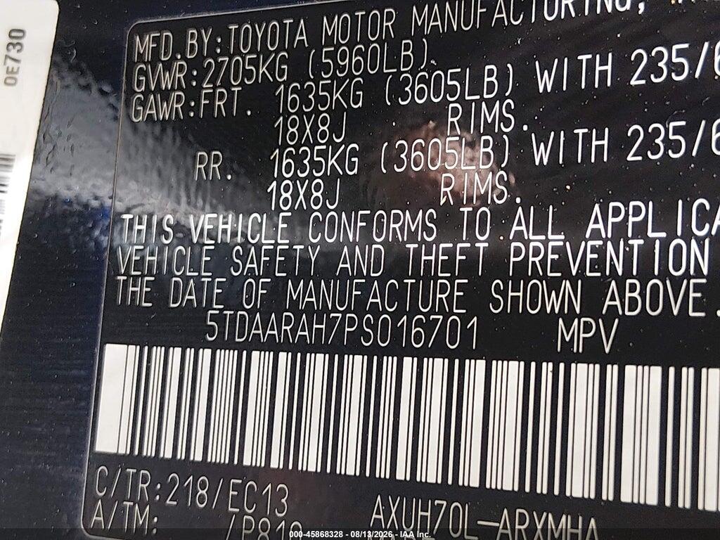 5TDAARAH7PS016701 2023 TOYOTA HIGHLANDER photo no. 9