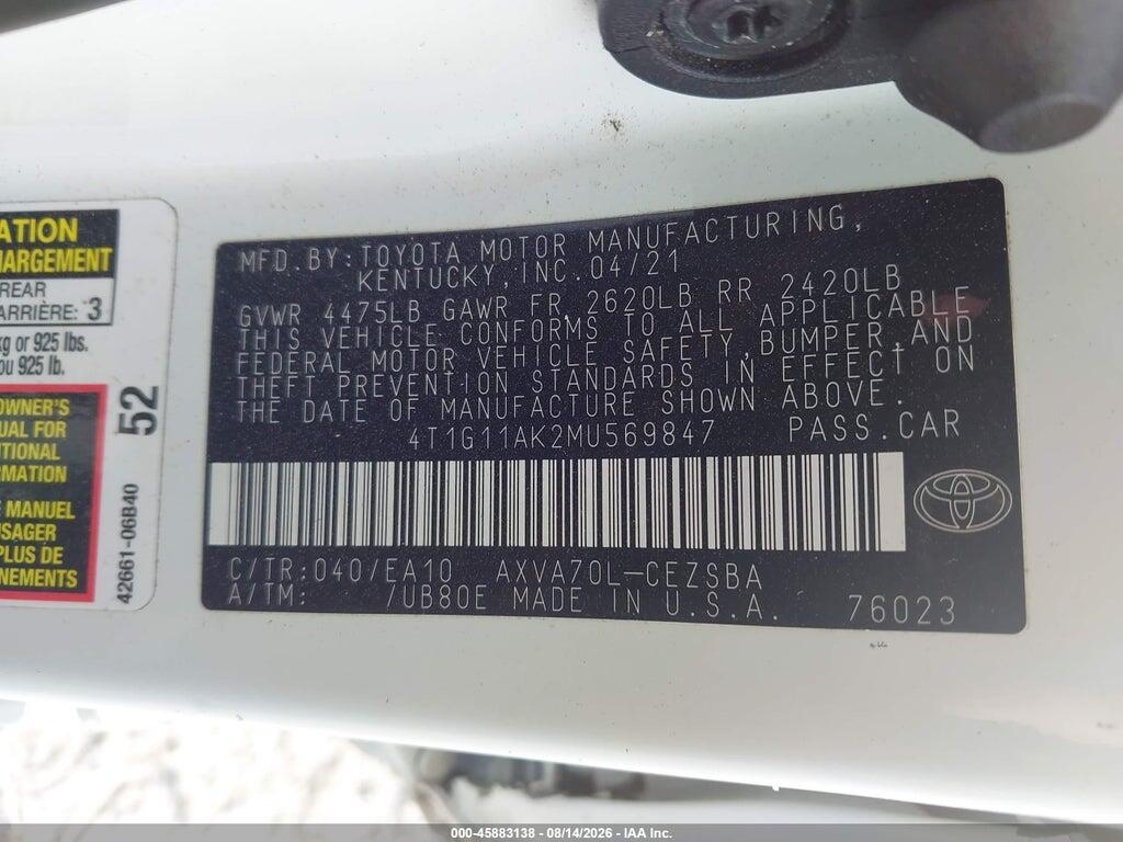 4T1G11AK2MU569847 2021 TOYOTA CAMRY photo no. 9