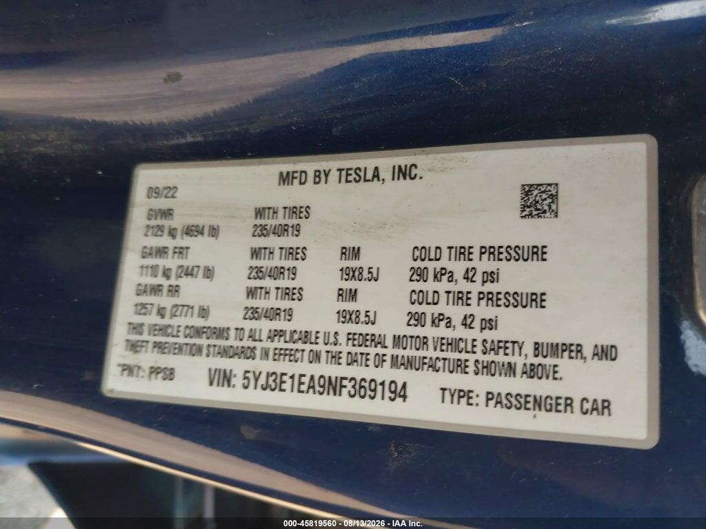5YJ3E1EA9NF369194 2022 TESLA MODEL 3 photo no. 9