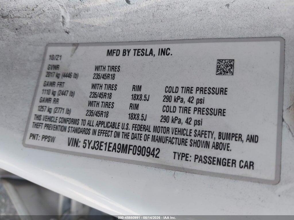 5YJ3E1EA9MF090942 2021 TESLA MODEL 3 photo no. 9