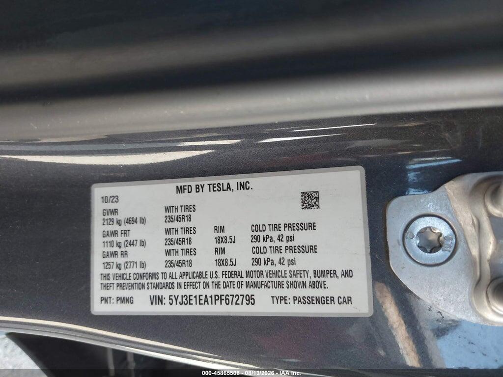 5YJ3E1EA1PF672795 2023 TESLA MODEL 3 photo no. 9