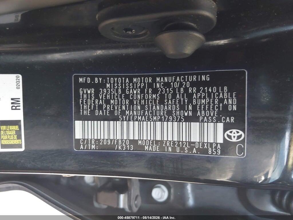 5YFEPMAE5MP179375 2021 TOYOTA COROLLA photo no. 9