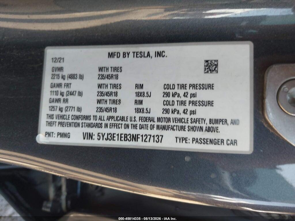 5YJ3E1EB3NF127137 2022 TESLA MODEL 3 photo no. 9
