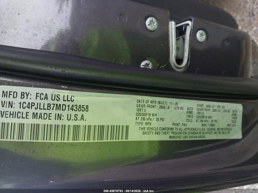 1C4PJLLB7MD143858 2021 JEEP CHEROKEE photo no. 9