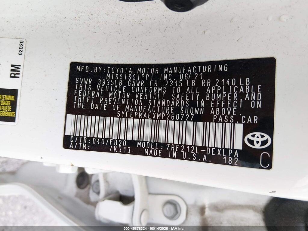 5YFEPMAEXMP260727 2021 TOYOTA COROLLA photo no. 9