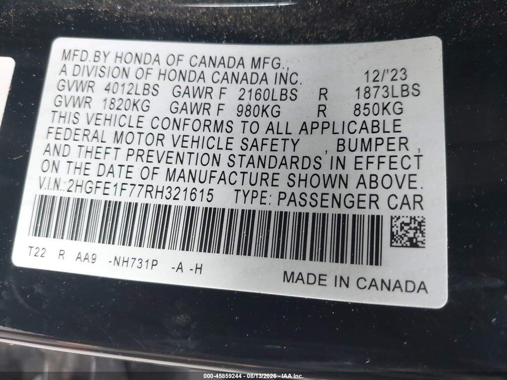 2HGFE1F77RH321615 2024 HONDA CIVIC photo no. 9