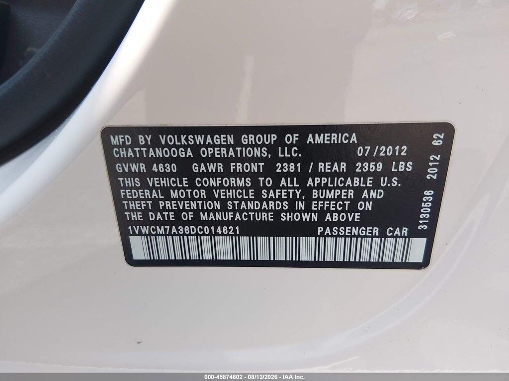 1VWCM7A36DC014621 2013 VOLKSWAGEN PASSAT photo no. 9