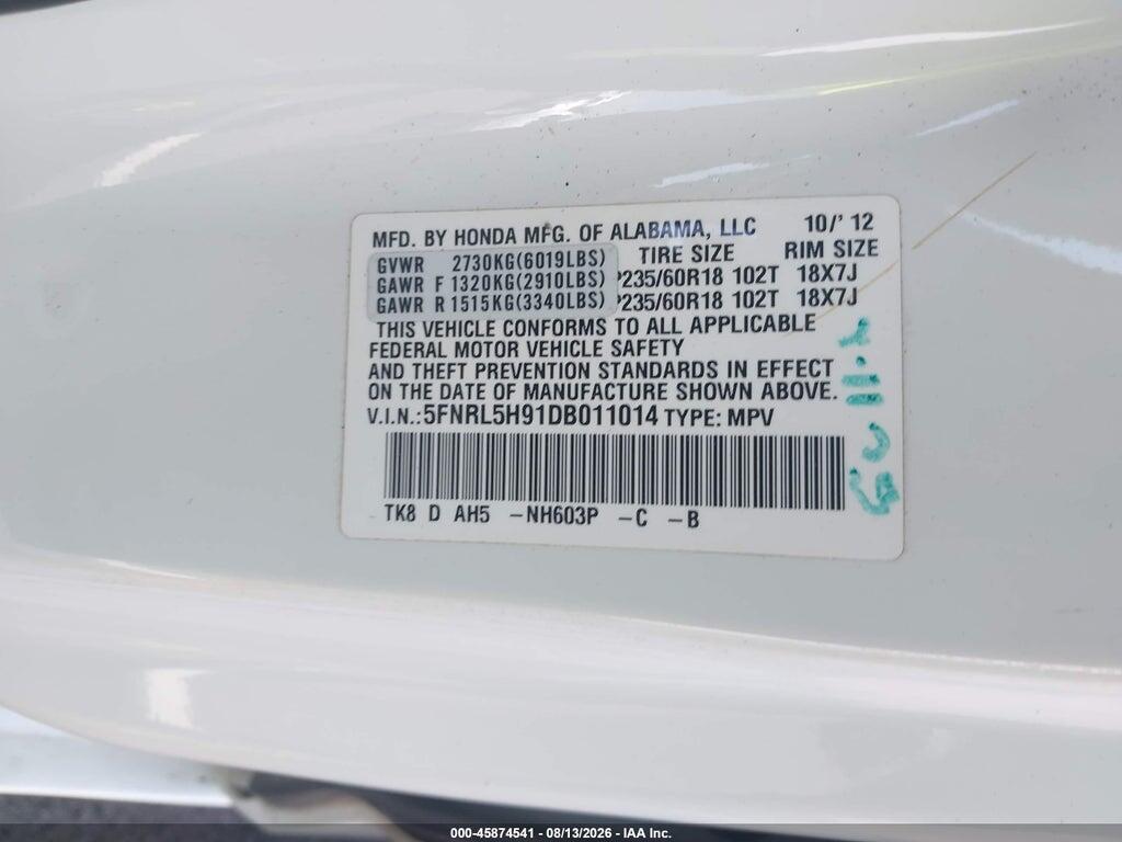 5FNRL5H91DB011014 2013 HONDA ODYSSEY photo no. 9