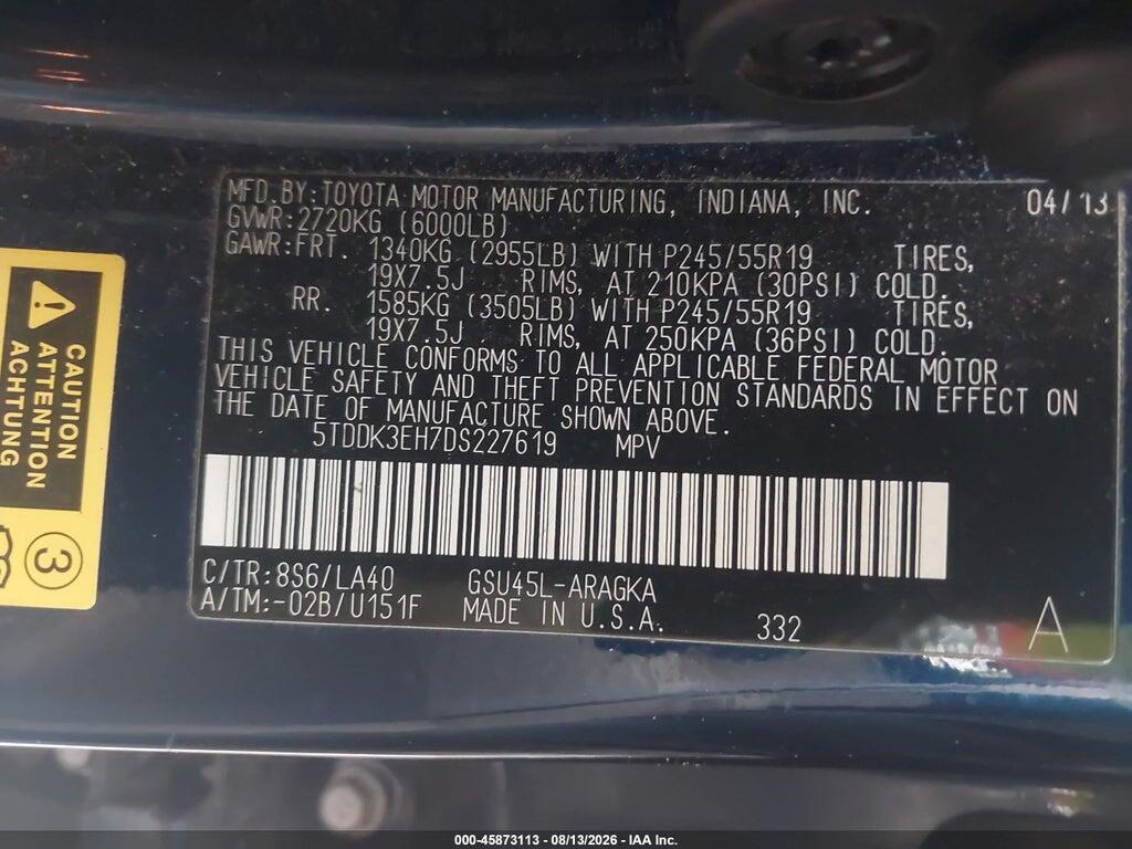 5TDDK3EH7DS227619 2013 TOYOTA HIGHLANDER photo no. 9