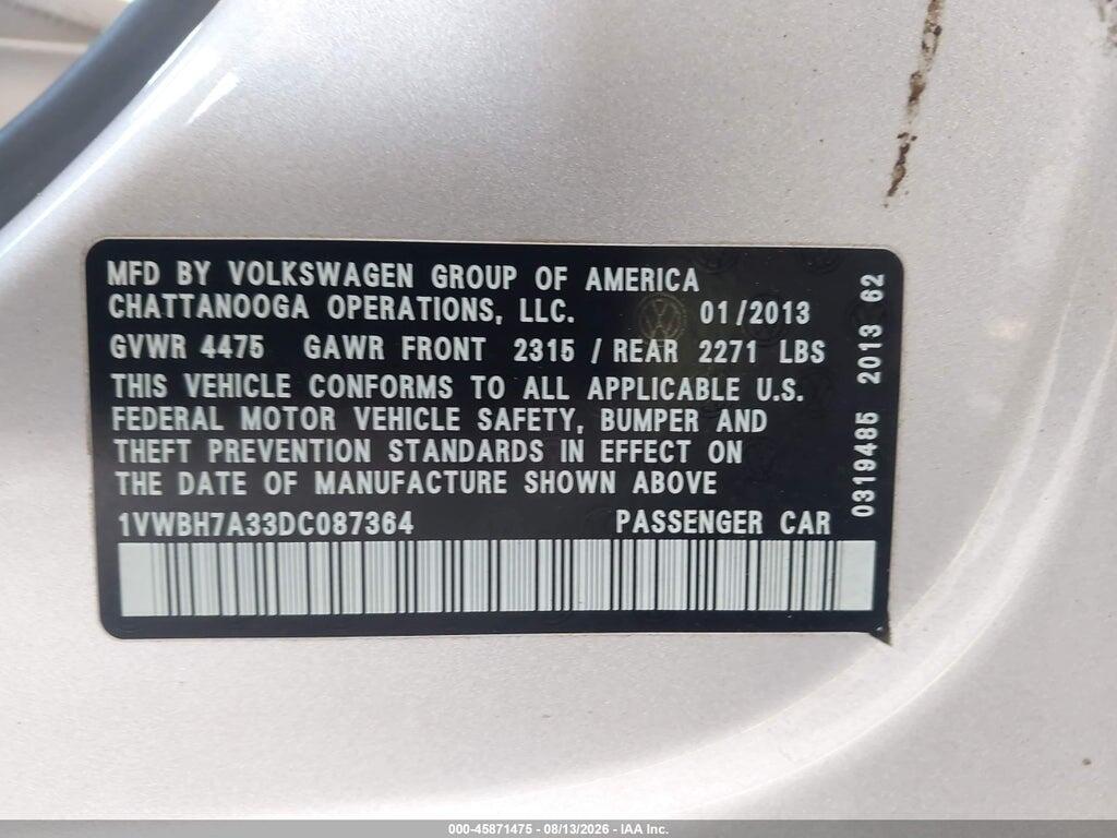 1VWBH7A33DC087364 2013 VOLKSWAGEN PASSAT photo no. 9