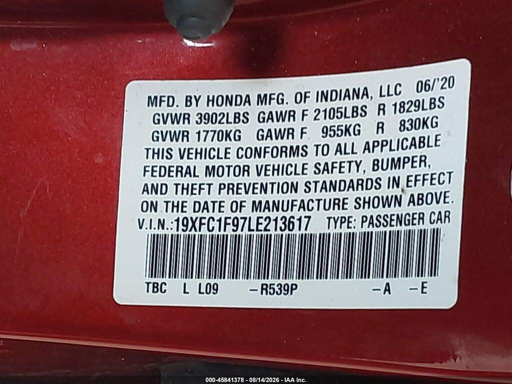 19XFC1F97LE213617 2020 HONDA CIVIC photo no. 9