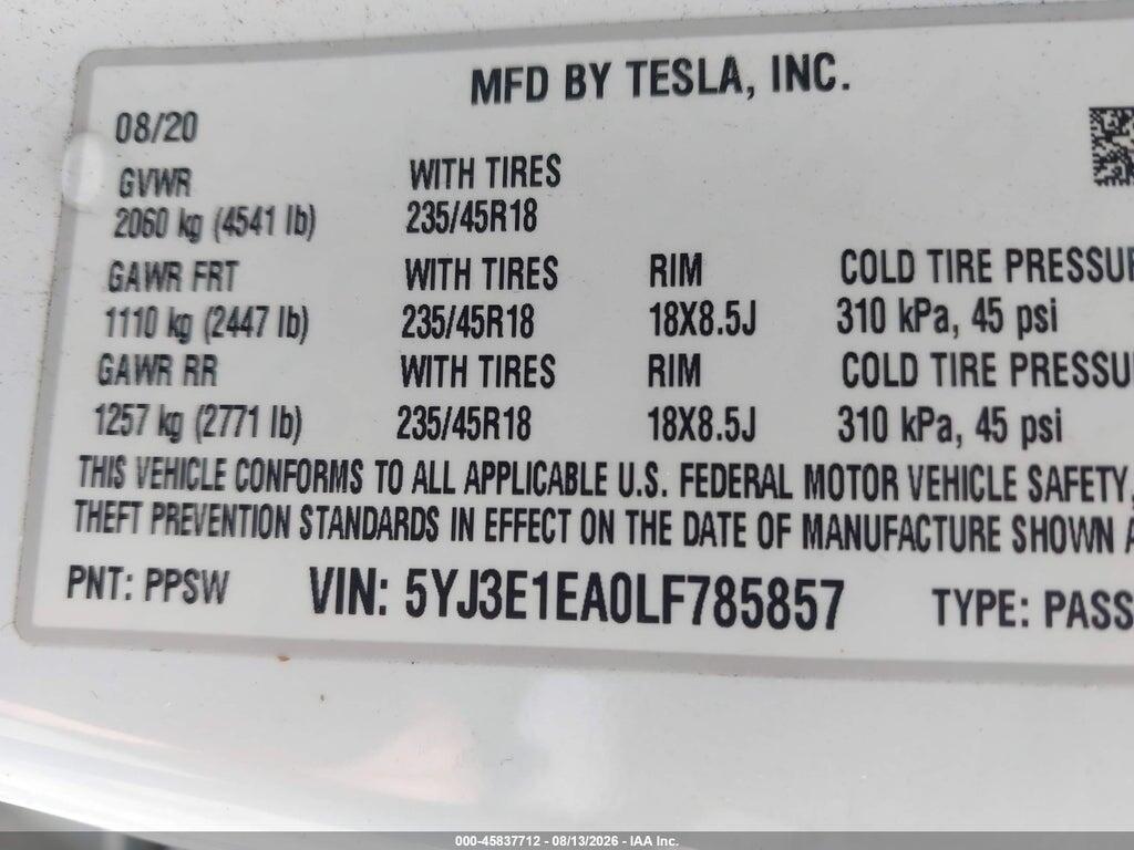 5YJ3E1EA0LF785857 2020 TESLA MODEL 3 photo no. 9