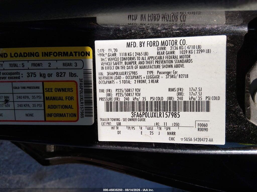 3FA6P0LUXLR157985 2020 FORD FUSION photo no. 9