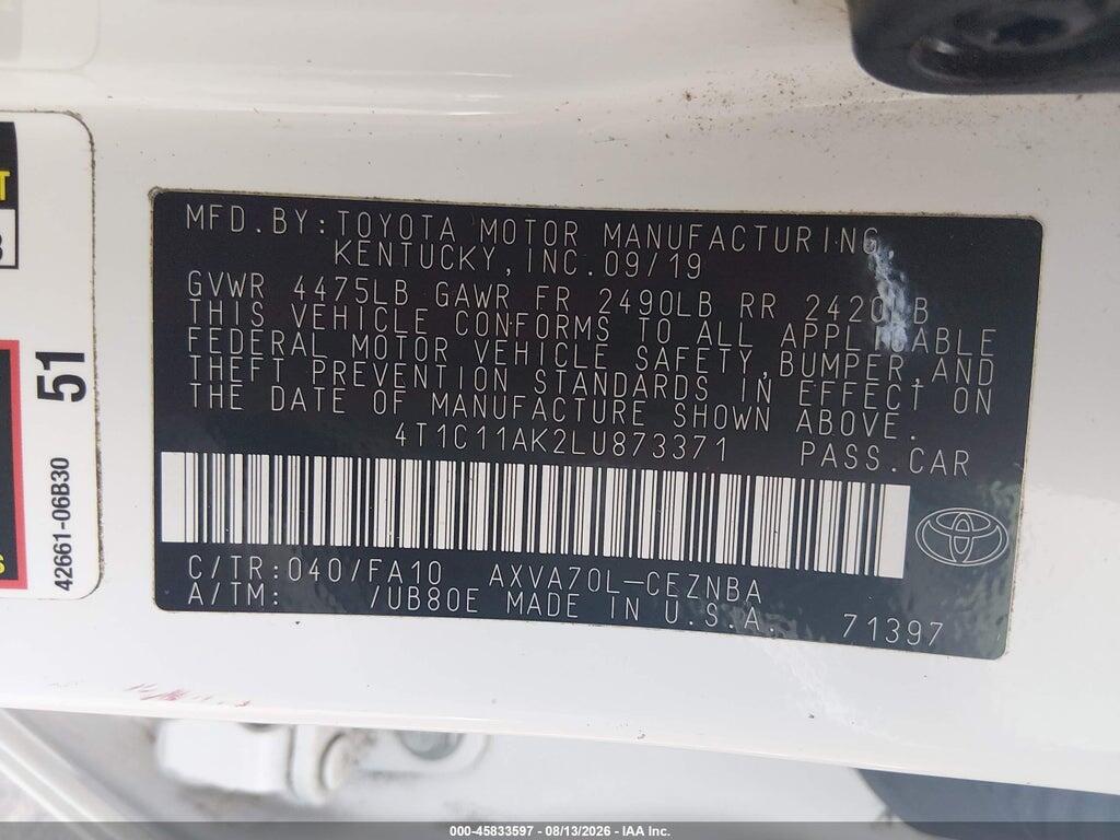 4T1C11AK2LU873371 2020 TOYOTA CAMRY photo no. 9