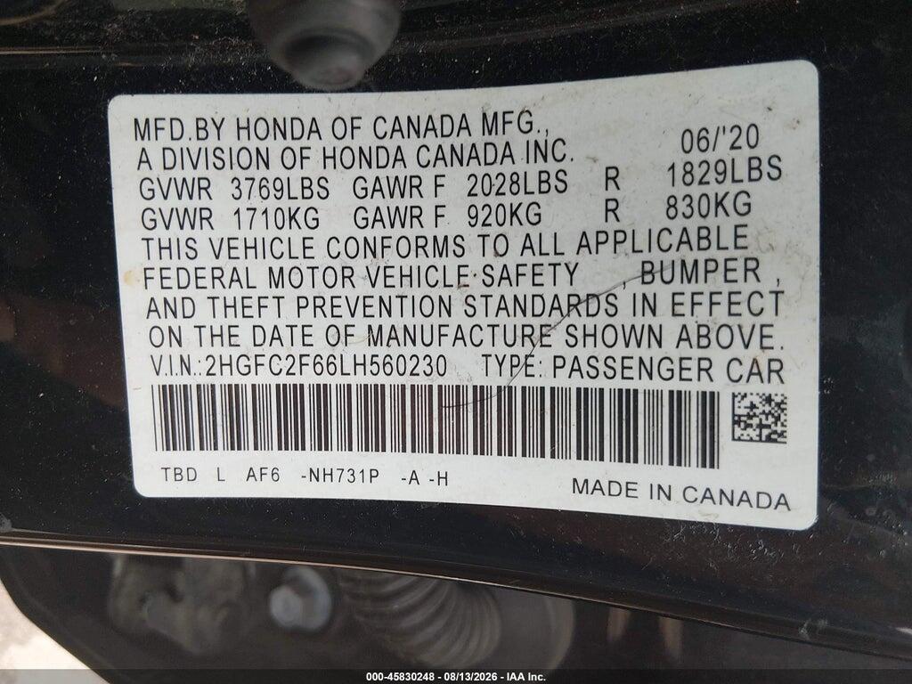 2HGFC2F66LH560230 2020 HONDA CIVIC photo no. 9