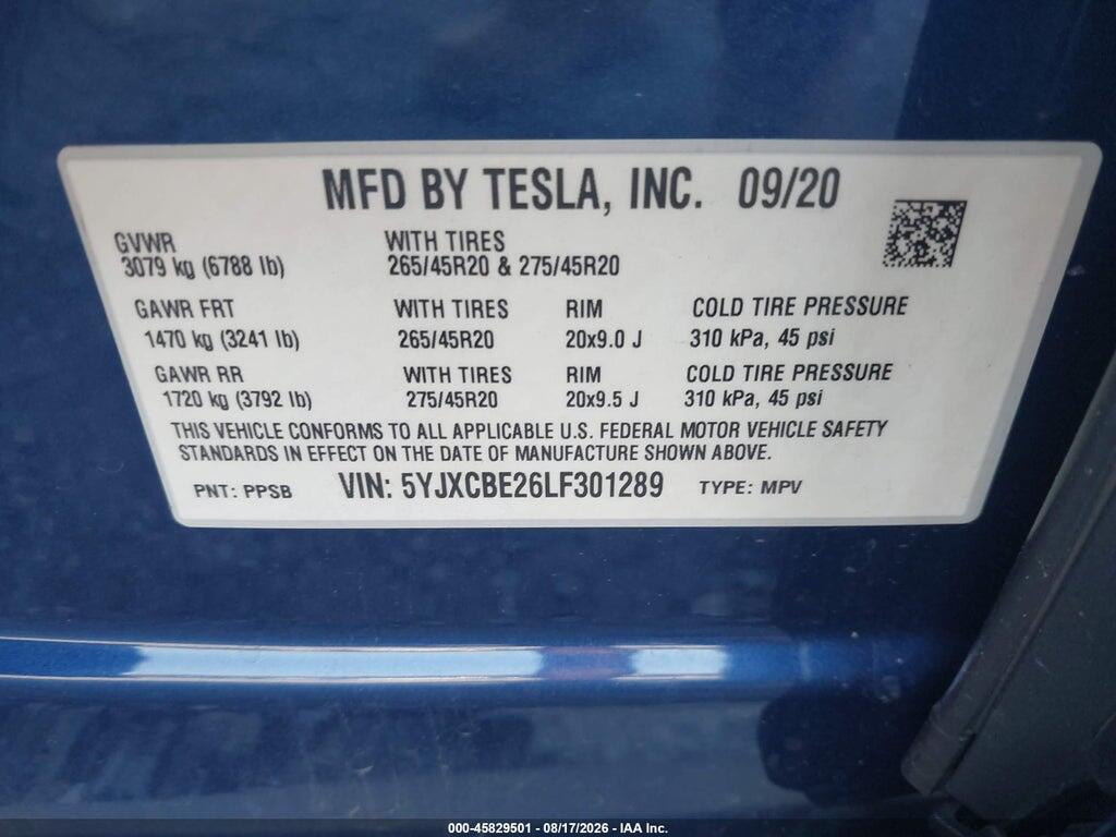 5YJXCBE26LF301289 2020 TESLA MODEL X photo no. 9