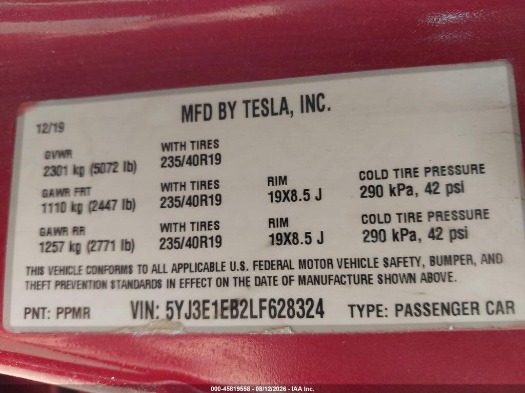 5YJ3E1EB2LF628324 2020 TESLA MODEL 3 photo no. 9