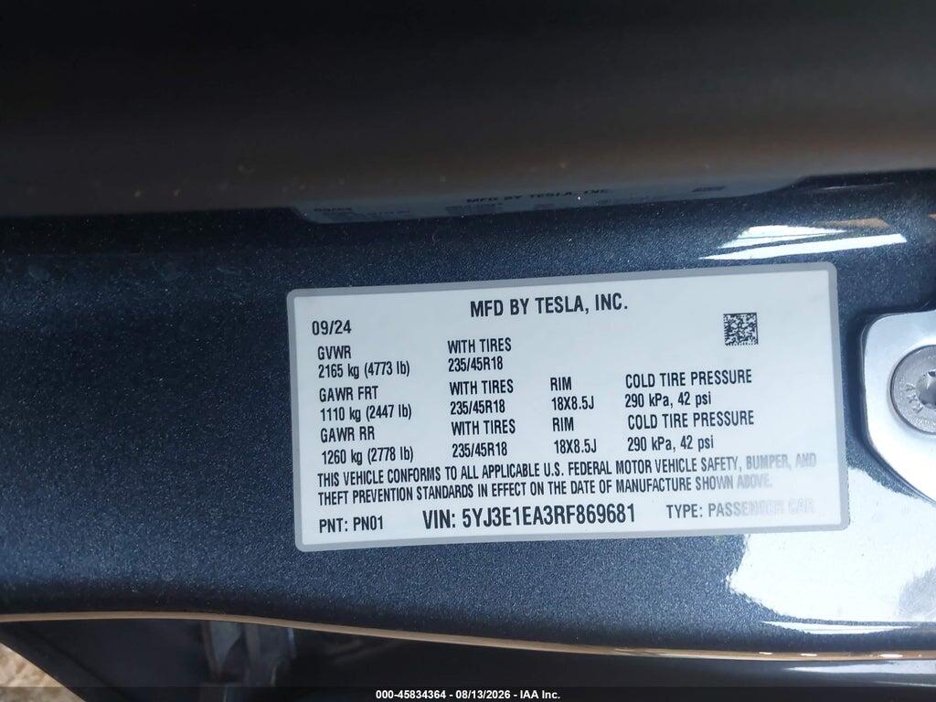 5YJ3E1EA3RF869681 2024 TESLA MODEL 3 photo no. 9